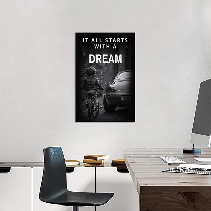 Motivational Office Quote Verb-It All Starts with A Dream Inspirational Office Wall Art Littile Boy and Car Wall Pictures HD Print Modern Home Decor Study Room Library Wall Hangings Framed-24 inch x