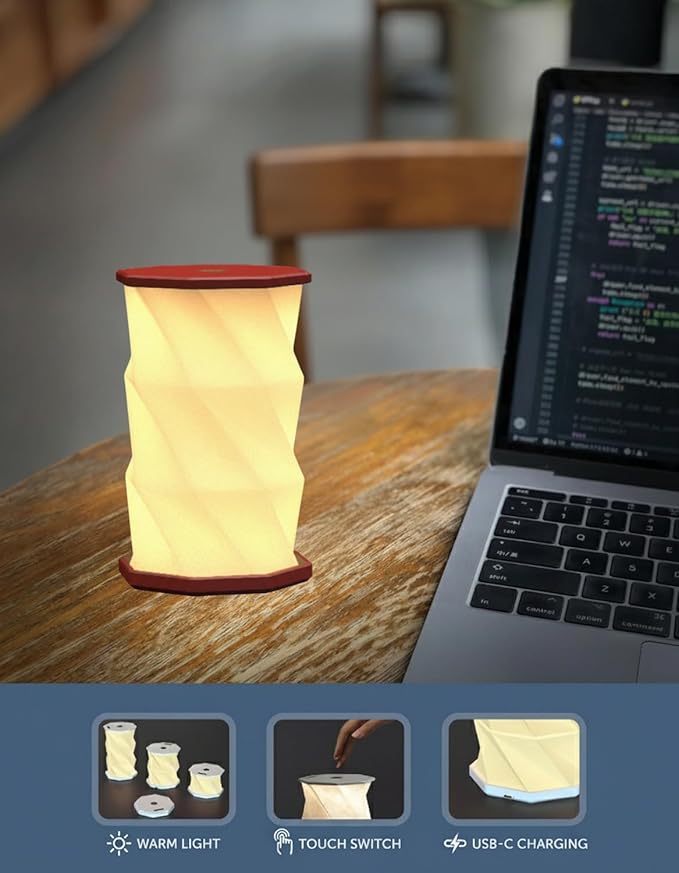 Origami Expanding Foldable LED Desk Lamp – USB Rechargeable & Portable - Dimmable Touch Control Light with Adjustable Height up to 5 1/2 for Office, Travel, Bedside - Sleek & Modern Design (Wine)
