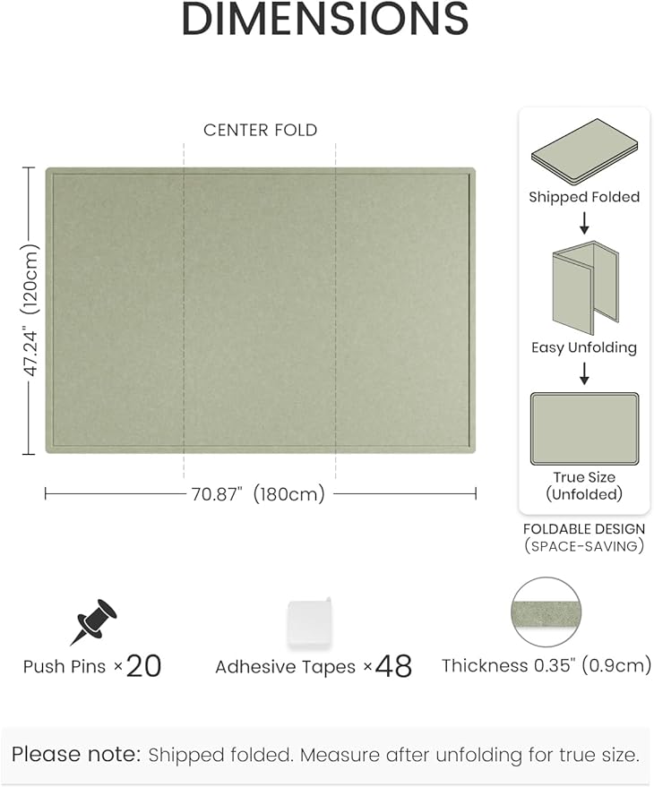 Fluxynara Large Bulletin Board, 70.8" x 47.2" Cork Board Alternative with 48 Safe Removable Adhesive Tabs, Foldable Felt Pin Board for Home Office, Classroom, Bedroom,Entryway for Walls— Sage