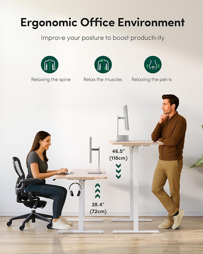 CubiCubi 48 x 24 Large One-Piece Standing Desk, Adjustable Height Electric Computer Home Office Sit Stand up Workstation, with 4 Memory Presets, Headphone Hook, Maple