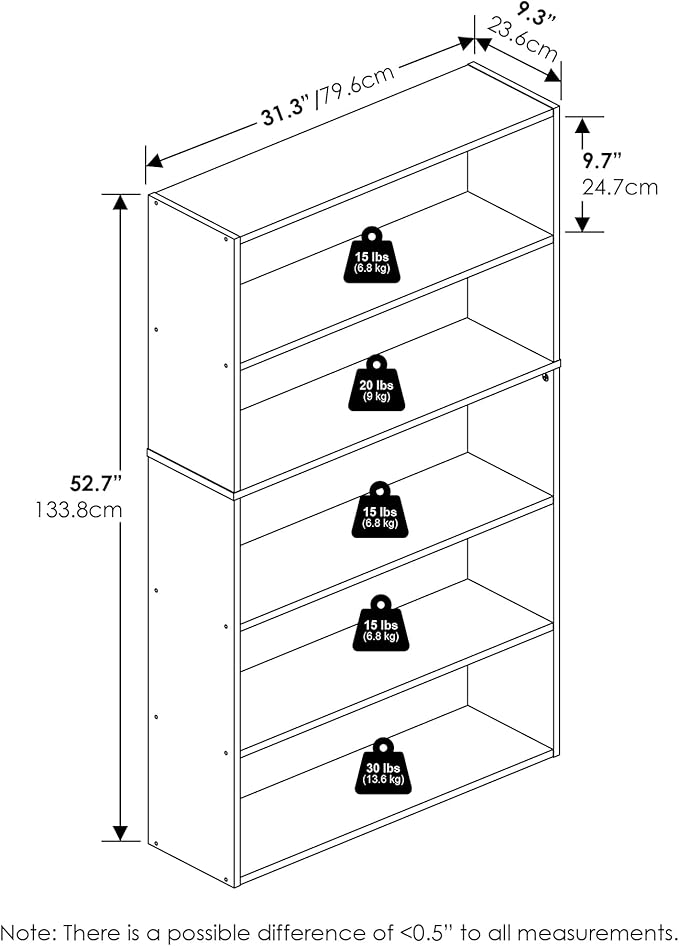 Furinno PASIR Book Shelf, 5-Tier Bookshelf, Bookcase with Open Shelf, 9.4 x 31.5 x 52.7, for Living Room, Bedroom, Home Office, Espresso