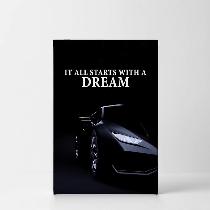 Smile Art Design It All Starts with a Dream Black Sports Car Luxury Motivational Wall Art Canvas Print Inspirational Wall Art Entrepreneur Quote Office Living Room Decor Gift Ready to Hang 12x8