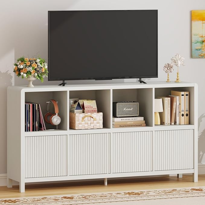 FATORRI Bookcase 8 Cube Storage Organizer, Horizontal Bookshelf with 4 Doors, Long Wooden Book Shelf for Living Room, Home Office (Antique White)