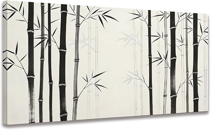 Black White Bamboo Framed Canvas Wall Art for Bedroom, Botanical Wall Decor 40" L x 20" W