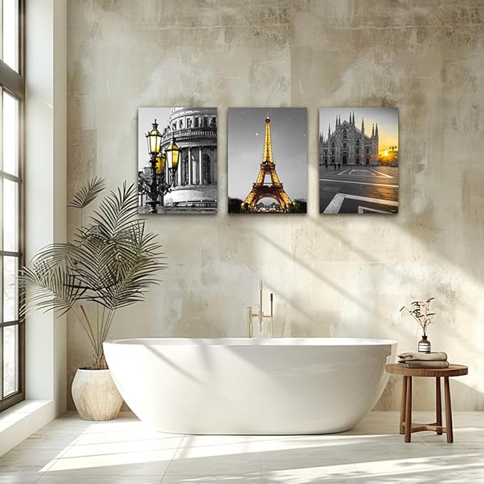 Black and white Architectural landscape Canvas Wall Art for Living Room kitchen Wall Artworks Bedroom Decoration, 3 Piece framed bathroom Home Wall decor posters Yellow Eiffel Tower wall painting