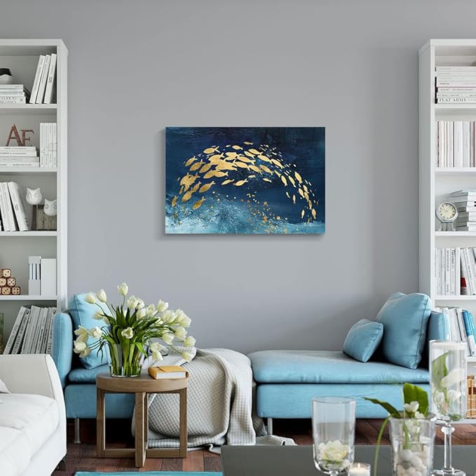 Wall Art Canvas Abstract Ocean Art Paintings Golden Fish Dancing in Blue Sea Modern Artwork Decor for Living Room Bedroom Kitchen 36x24in