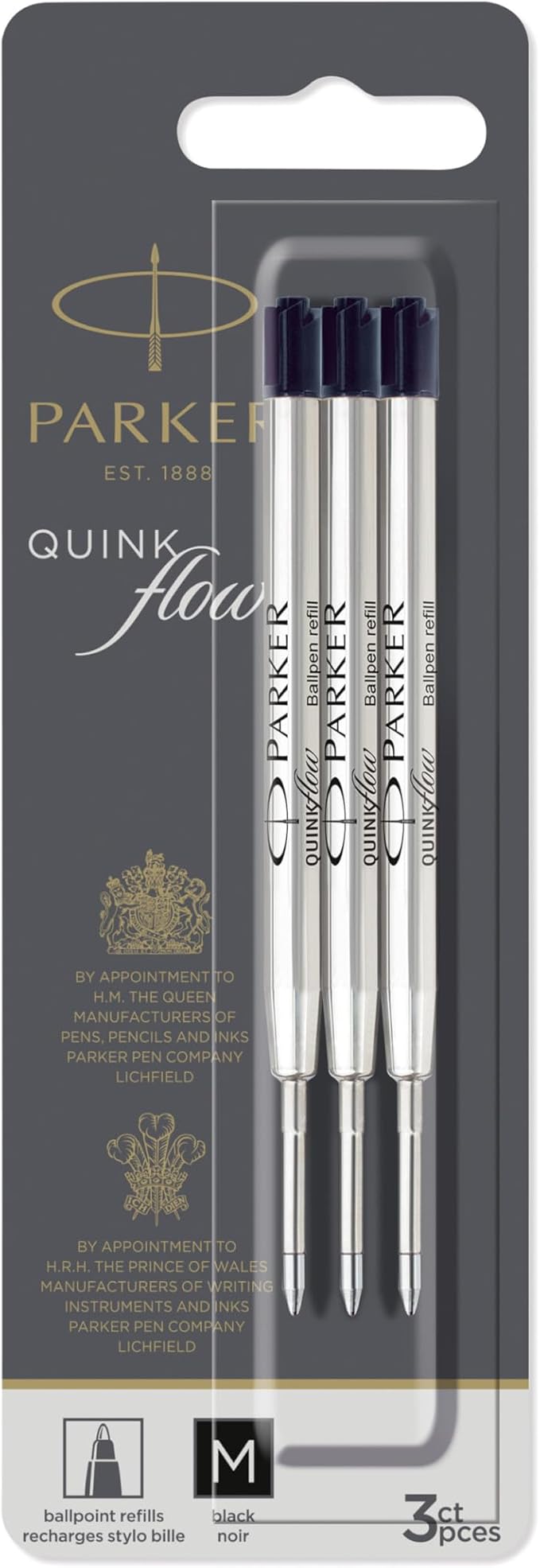 Parker QUINKflow Ballpoint Pen Ink Refills, Medium Tip, Black, 3 Count - For Everyday Writing