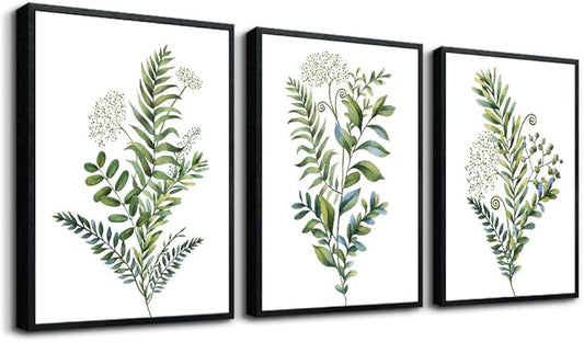 AHUASJART Large Wall Art For Living Room Bathroom Wall Decorations Kitchen Wall Decor Canvas Print Decor Modern Simple Bedroom Home Decor Green Leaves Poster Wall Paintings Black Framed 3 Pieces
