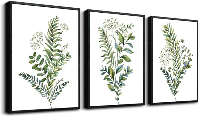 Black Framed 3 Pieces Framed Wall Art For Living Room Bathroom Wall Decorations Kitchen Wall Decor Canvas Print Decor Modern Simple Bedroom Home Decoration Green Leaves Poster Wall Paintings