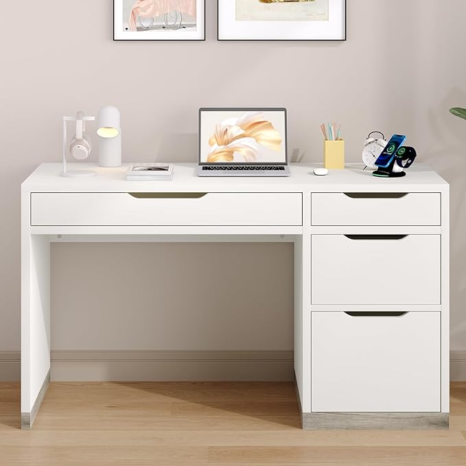 52 Inch White Desk with Drawers, Modern Home Office Desk with Storage for Bedroom, Study Desk with Storage File Drawer for Small Space