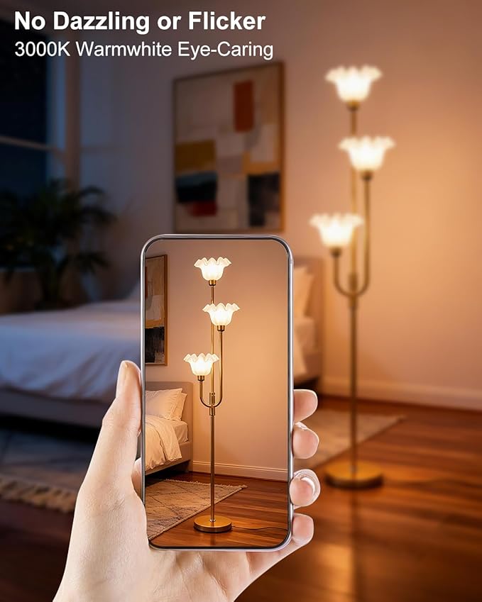 Lightdot 66IN Flower Floor Lamp 3-Lights Vintage Floor Lamps with 3000K Bulbs Included for Wedding Party Modern Dimmable Gold Tall Standing Lamp for Living Room/Bedroom/Sofa Beside/Corner Decor