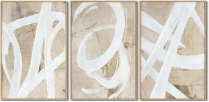 Zessonic Neutral Abstract Wall Art Minimalist White Brown Pastel Paint Strokes Shapes Textured Framed Wall Decor Artwork Canvas Paintings- Living Room Bedroom Office Modern Neutral 16"x24" 3 piece