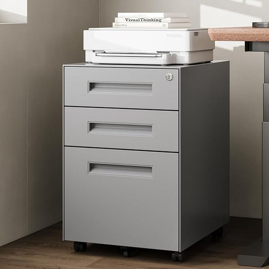 Dripex 3 Drawer File Cabinet, Mobile File Cabinet with Lock on Wheels, Letter/Legal Size, Fully Assembled, Modern Small Short Vertical Metal Rolling Filing Cabinets Under Desk for Home Office (Grey)