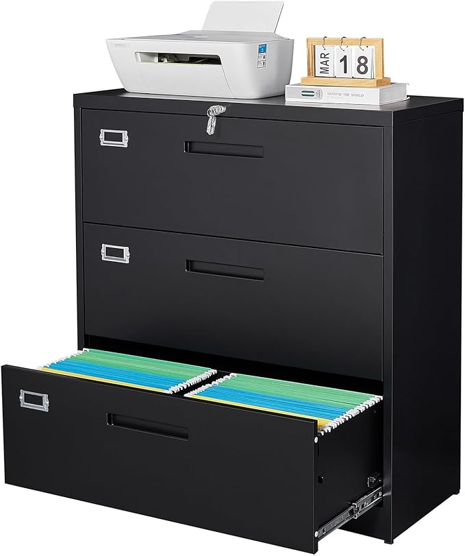 3 Drawer Lateral File Cabinet with Lock, Metal Filing Cabinets for Home Office, Wide Locking File Caninets, Black Office Storage Cabnet for Hanging Letter/Legal / A4 / F4 - Assembly Required