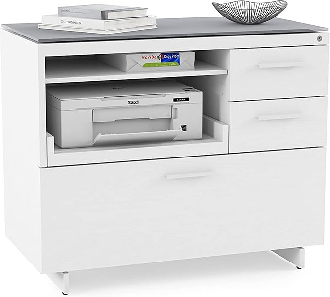 BDI Furniture Centro 6417-35'' Locking Lateral 3-Drawer File Cabinet with Letter or Legal-Size File Drawer, 2 Storage Drawers, Pull Out Printer Tray, Adjustable Shelf, Glass Top, Satin White