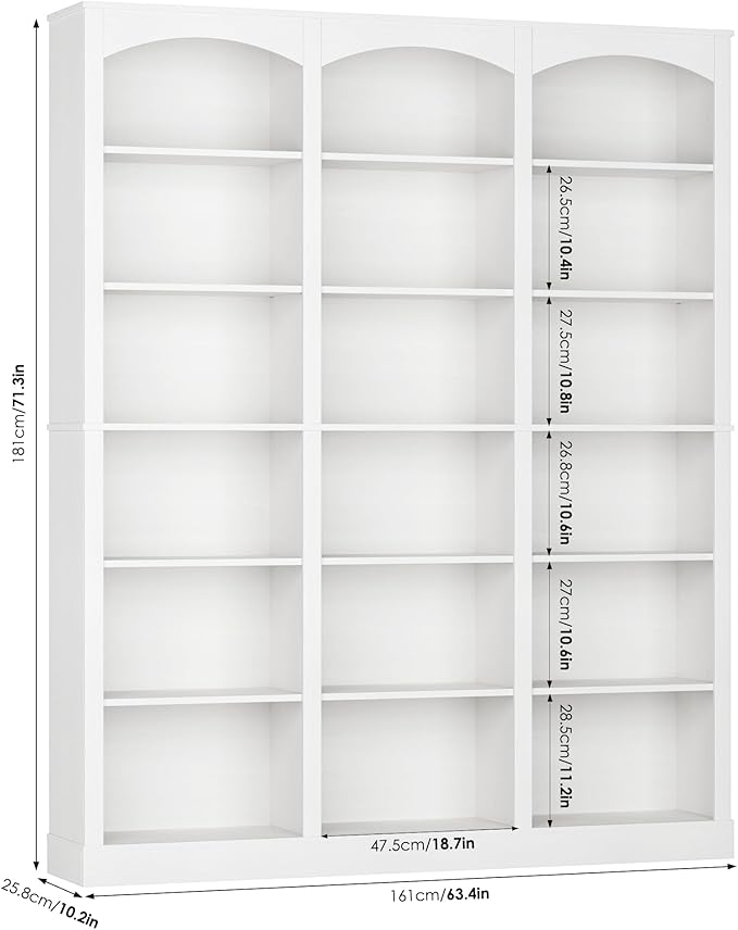 FACBOTALL 71" Triple Wide Bookshelf, 6 Tier Bookcase, Large White Bookshelf with Curved Baffle, 63.4" Wide White Bookcase with 18 Open Display Shelves for Living Room, Study, White
