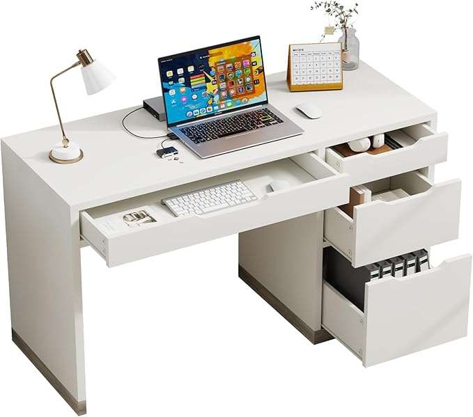 52 Inch White Desk with Drawers, Modern Home Office Desk with Storage for Bedroom, Study Desk with Storage File Drawer for Small Space