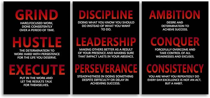 Inspirational Canvas Painting Wall Art Inspiring Quote Wall Art Discipline Grind Consistency 3 Pieces Positive Poster Motivational Artwork Prints Picture Living Room Office Home Framed [60''Wx 28''H]