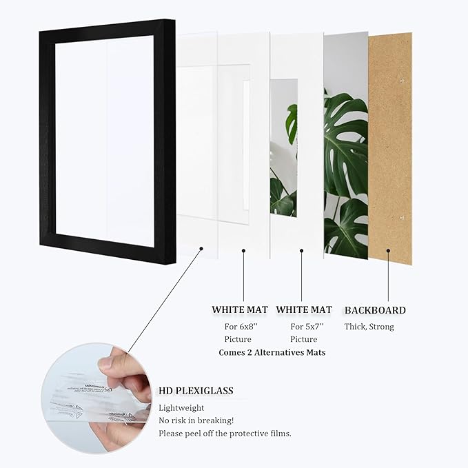 Egofine 9x12 Picture Frames 4PCS Covered by Plexiglass, Wood Frames for Pictures 5x7/6x8 with Mat or 9x12 without Mat, Tabletop and Wall Mounting Display, Black with Texture