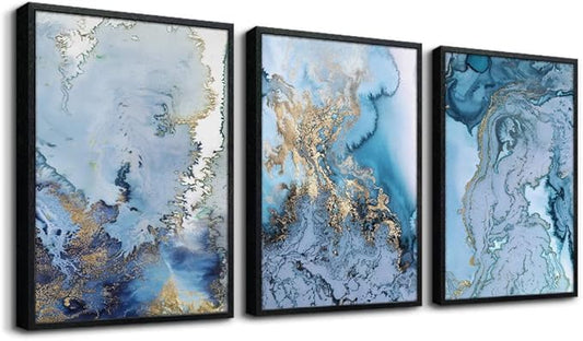 hyidecorart Black Framed Wall Art For Living Room Wall Decorations For Bedroom Wall Pictures Office Wall Decor blue Abstract Watercolor Wall Painting Prints Artwork Modern Home Decor 12X16 3 Piece