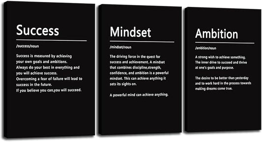 WYJZDZQ8 Success Mindset Ambition Noun Canvas Wall Art Motivational 3 Panel Quotes Poster and Print Inspirational Picture Artwork for Living Room Office Home Decor Framed Ready to Hang[72''Wx 36''H]