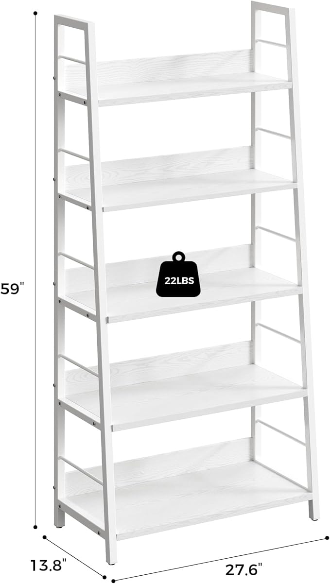 IRONCK Industrial Bookshelves and Bookcases, Ladder Shelf 5 Tiers with Metal Frame for Living Room, Home Office, White