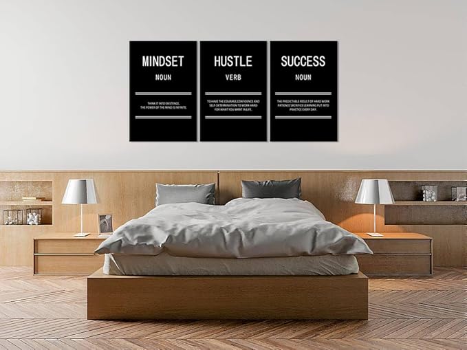 Hustle Mindset Success Motivational Canvas Wall Art for Office 3 Panel Print Inspirational Poster Painting Modern Inspiring Artwork for Home Living Room Gym Decor Ready to Hang [72''Wx 36''H]