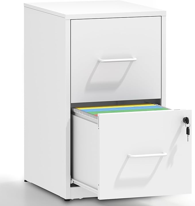 2 Drawer File Cabinet with Lock,White Metal Filing Cabinets for Home Office,Steel Vertical File Cabinet,Heavy Duty Metal Storage Cabinet for Letter Size Files,Assembly Required