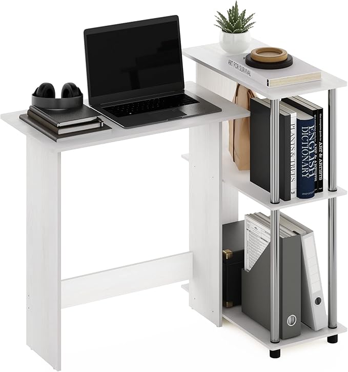 Furinno Abbott Corner Computer Desk with Bookshelf, White Oak/Chrome