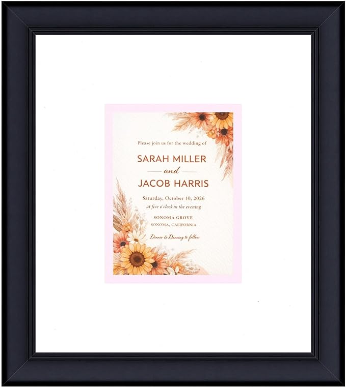 Poster Palooza Wedding Invitation Display Frame 10x11.25 in Black With White and Pink Double Mat for 4.25x5.5 A2 Keepsake | USA Made