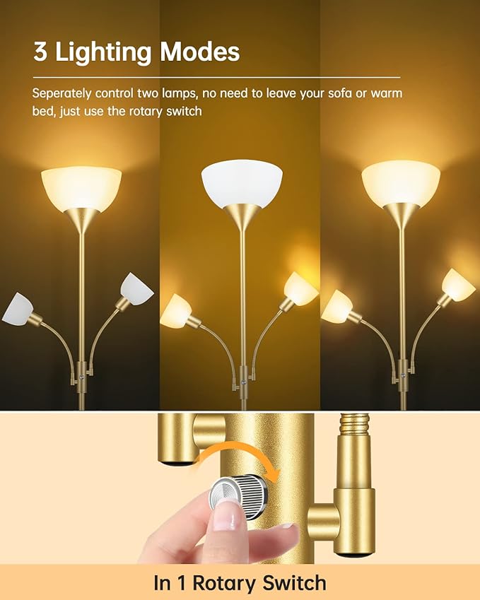 Floor Lamp, Torchiere Floor Lamps for Living Room, 71 Inch Tall Standing Lamp, Bedroom Lamps with Reading Light, Rotary Switch, 3 Plastic Lampshade, Torch Floor lamps for Bedroom (Gold, No Bulb)