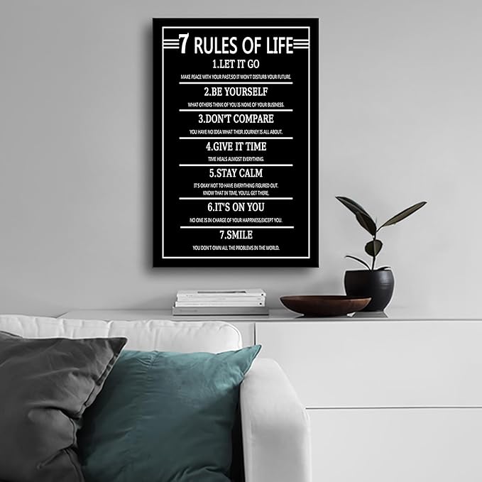 Inspirational Canvas Wall Art Picture Painting 7 Rules of Life Motivational Positive Quotes Poster Print Wall Decor Artwork for Modern Home Bedroom Living Room Gym Stretched and Framed [12''Wx18''H]