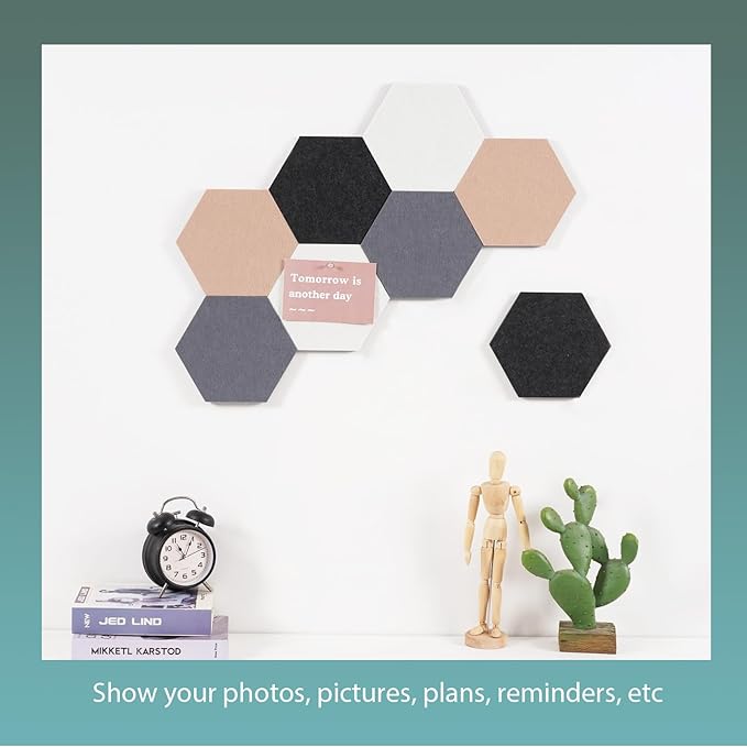Felt Bulletin Board Tiles, 8 Pcs Hexagon Wall Tiles with Removable Adhesive, 7.9×6.9 Inch Cork Pin Board for Classroom, Home, Office (Set C, Middle)