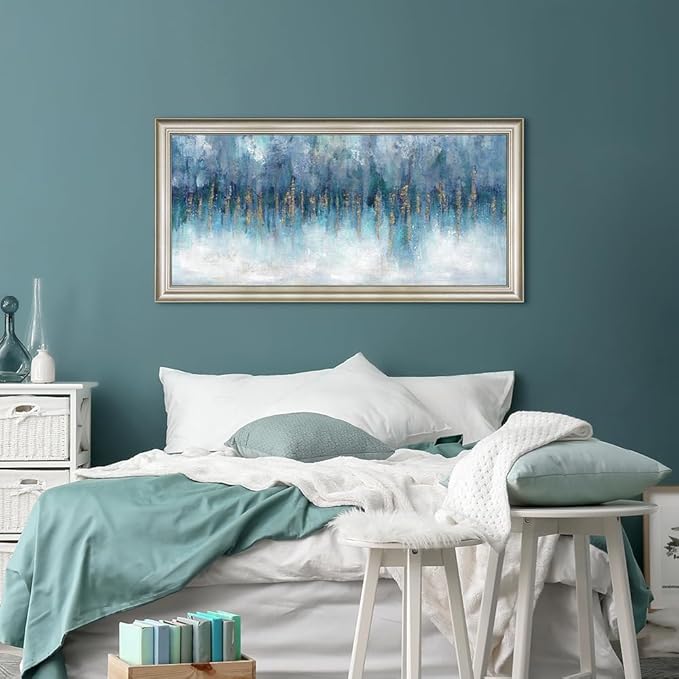 Blue Wall Art Abstract Painting: Abstract Canvas Wall Art - Navy Blue Framed Canvas Artwork for Living Room Wall Decor - Large 60"x30"