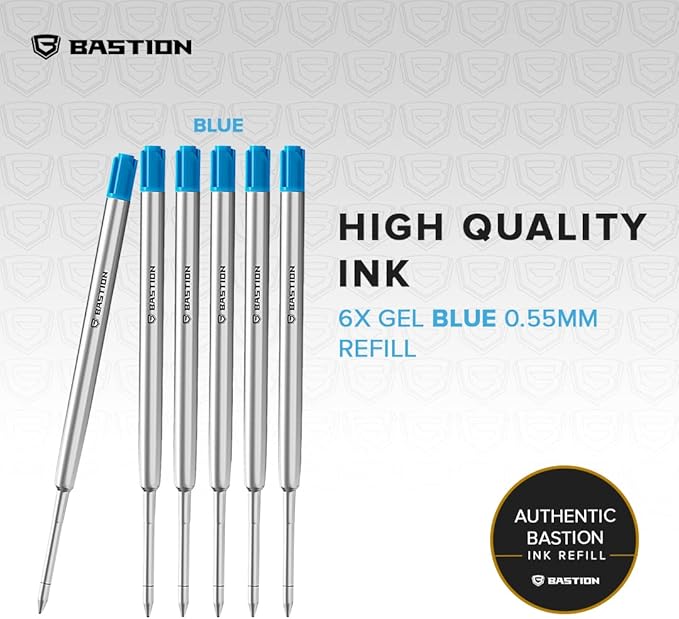 BASTION® Premium Pen Refill, Deeply Pigmented Ink for All Bolt Action Luxury Pens, Standard Ink Refill with 0.55mm Fine Tip - Blue Gel, 6 PC