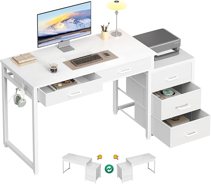 ODK Computer Desk with 5 Drawers, 53 Inch Office Desk for Kids Study, White Vanity Desk for Girls Dressing Room, Small Computer Table for Bedroom, White