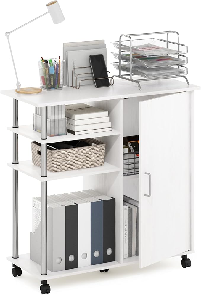 Furinno Helena Multipurpose Storage Cabinet/Shelves,Printer Stand with Lockable Wheels, Stainless Steel Tubes, White Oak/Chrome