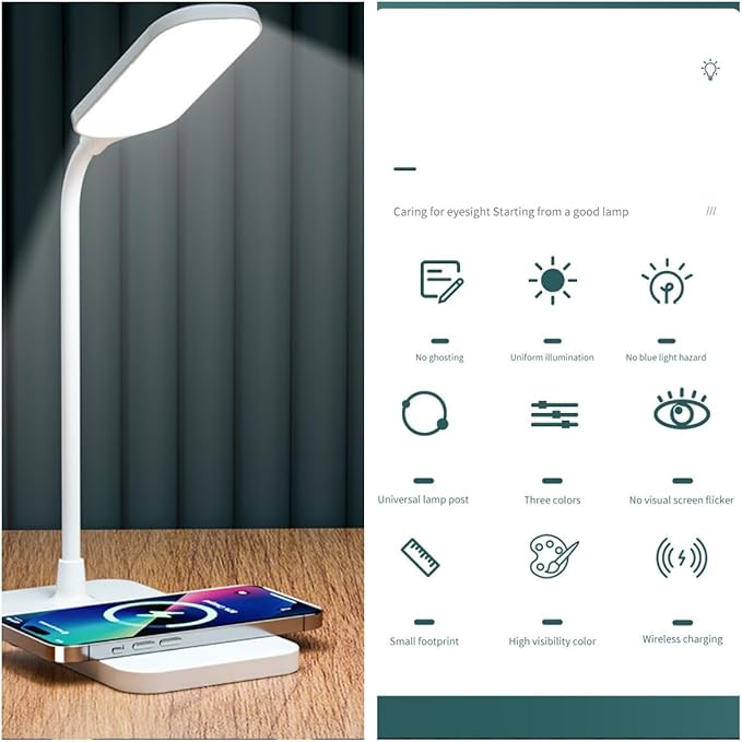 2PCS LED Desk Lamps, Table Lamp, Night Stand Light for Home, 3 Lighting Modes, Wireless Fast Charging, Desk Light Touch Control with Adjustable Gooseneck for Reading