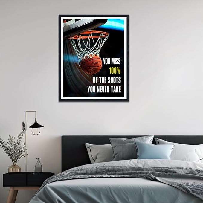 Basketball Framed Canvas Print Wall Art, You Miss 100% of the Shots You Never Take Motivational Sports Quote, Boys Room Decor, Gym Office Inspirational Poster, Ready to Hang, 12.5x16.5 Inches
