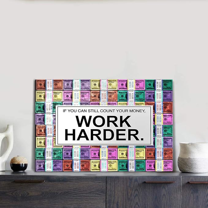 Work Harder Motivational Office Art Abstract Creative Money Background Wall Pictures Modern Home Office Decor HD Print for Guest Room Rest Room Decor, Framed 16" Wx12 H
