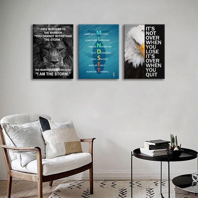 Inspirational Painting Wall Art Mindset 3 Pieces Canvas Print Office Wall Decor Lion Poster Inspiring Framed Animal Picture Motivational Quotes for Wall Art Living Room Gym Decoration[36''Wx 16''H]