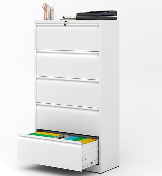 File Cabinet with Lock, 5 Drawer Lateral Filing Cabinet for Home Office, Metal Heavy Duty File Cabinets for Hanging Letter/Legal/F4/A4 Size Files, Assembly Required (White)