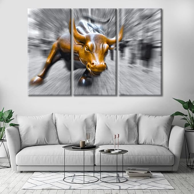 3 Panels Black and White Canvas Wall Art Courageous and Powerful Bull Art Painting on Canvas, Ready to Hang for Living Room Bedroom Office Home Decor With Wood Framed - 42" Wx28 H
