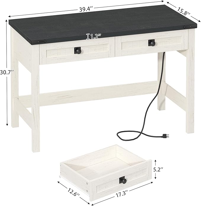 Farmhouse Computer Desk with 2 Drawers, 39 Inch Small Office Computer Desk with Power Outlets, Compact Writing Study Vanity Desk for Small Spaces, Black and White