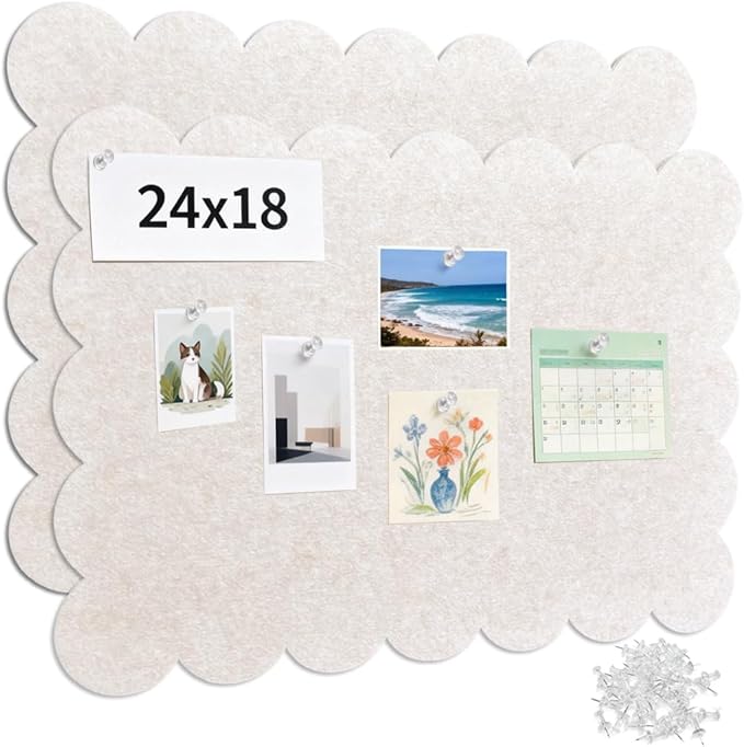 2Pcs Scalloped Felt Bulletin Board 24 x 18 Inches Cork Board Alternative for Wall Self Adhesive Foldable Felt Board with 44 Pushpins Message Photo Board for Home Office School