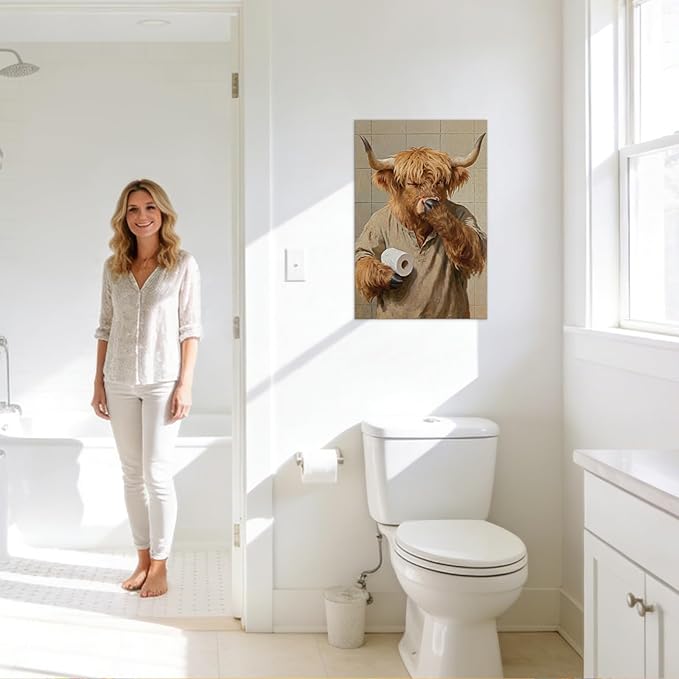 Funny Highland Cow Bathroom Decor Cow Holding Nose Bathroom Canvas Wall Art Posters Pictures with Wooden Frame, Lightweight Humorous Animals Wall Art Painting for Home Toilet Decor, 24x36 Inches
