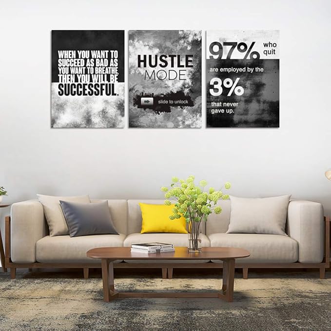 Motivational Office Wall Decor, Inspirational Canvas Wall Art, 3 Pieces Hustle Posters Prints Entrepreneur Success Quote Wall Decor for Lobby Meeting Room Hallway Living Room(60”Wx28”H)