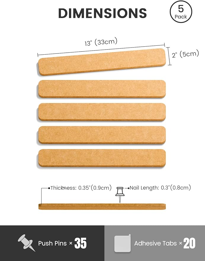 Fluxynara Cork Board Alternative Felt Strip Board 5-Pack 13"x2", Office Pin Board with 35 Push Pins, Adhesive Install for Bedroom Door & Home Office(Sunset Yellow)