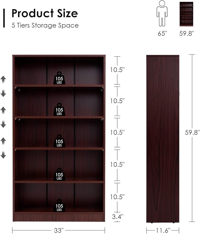 Farini Mahogany Bookshelf for Bedroom 5 Shelf Office Bookcase 60 Inches Tall Modern Wood Bookshelf for Living Room 5 Tier Wide Manga Bookshelves Library Bookcase