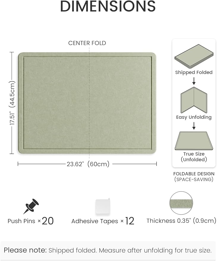 Fluxynara Bulletin Board, 23.6" x 17.5" Cork Board Alternative with 12 Safe Removable Adhesive Tabs, Foldable Felt Pin Board for Home Office, Classroom, Bedroom,Entryway for Walls— Sage